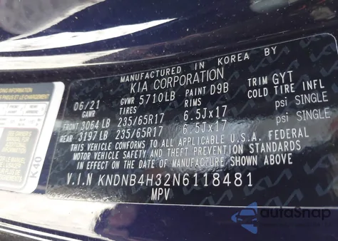 2022 Kia Carnival Mpv Lx из США, поврежденный, VIN KNDNB4H32N6118481